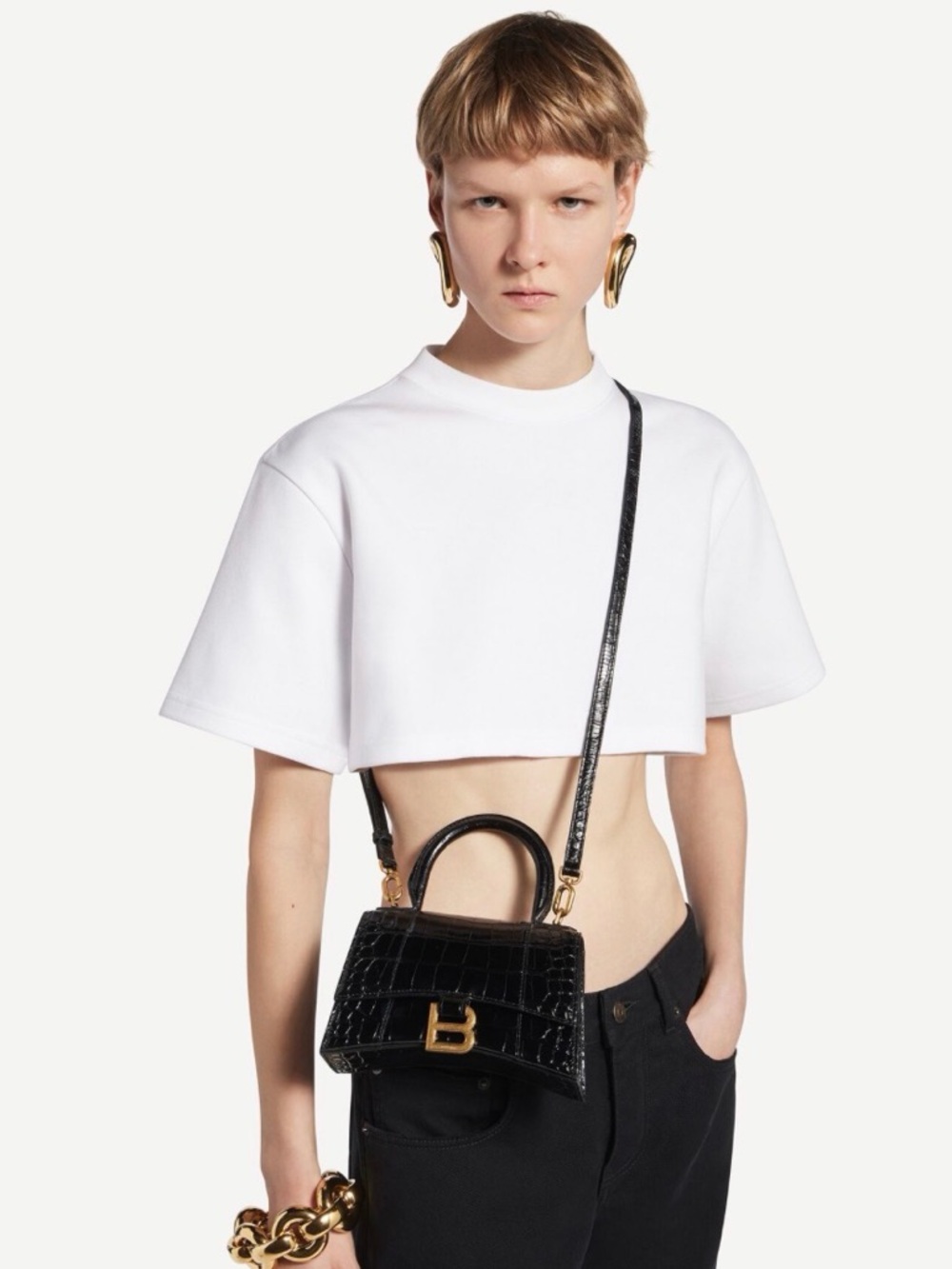 Balenciaga Black Croc-Embossed Hourglass Hourglass Bag